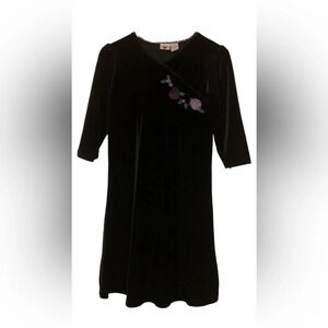 Hartstrings Girls Black Velvet Velour Modest Holiday Dress Sz 12 Floral Accent